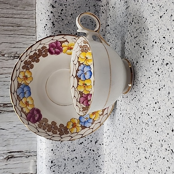 Vintage Delphine Teacup & Saucer Bone China Pink Yellow Blue Flower Gold Rimmed - Picture 2 of 6